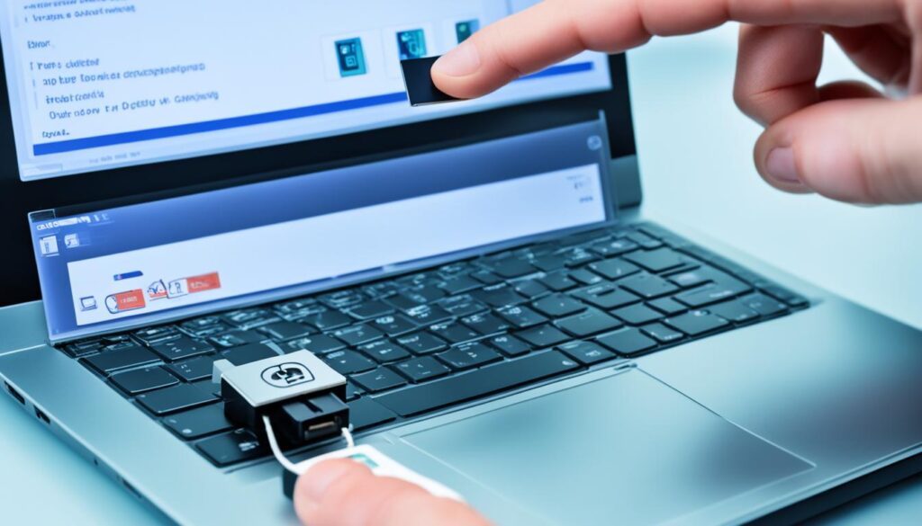 External drive connected to a laptop for backing up personal files before return