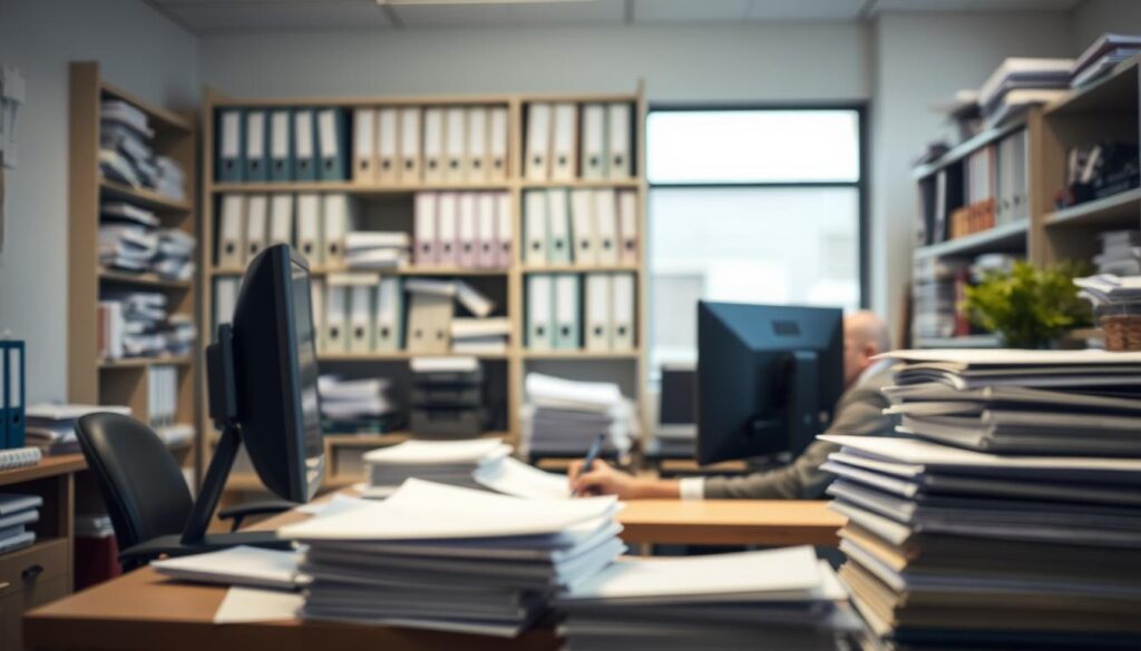 A busy office interior with a desk, computer, and piles of documents. In the foreground, a person sitting at the desk appears to be reviewing and signing documents, indicating the process of canceling debt relief programs. The lighting is soft and natural, creating a focused and professional atmosphere. The background features shelves filled with binders and folders, hinting at the administrative complexities involved. The overall mood conveys a sense of seriousness and responsibility in handling financial matters. A busy office interior with a desk, computer, and piles of documents. In the foreground, a person sitting at the desk appears to be reviewing and signing documents, indicating the process of canceling debt relief programs. The lighting is soft and natural, creating a focused and professional atmosphere. The background features shelves filled with binders and folders, hinting at the administrative complexities involved. The overall mood conveys a sense of seriousness and responsibility in handling financial matters.