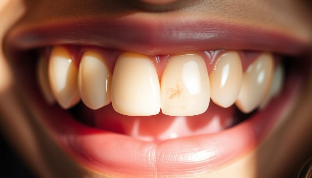 Teeth discoloration after SDF treatment Close-up of teeth showing slight discoloration from SDF treatment requiring stain prevention