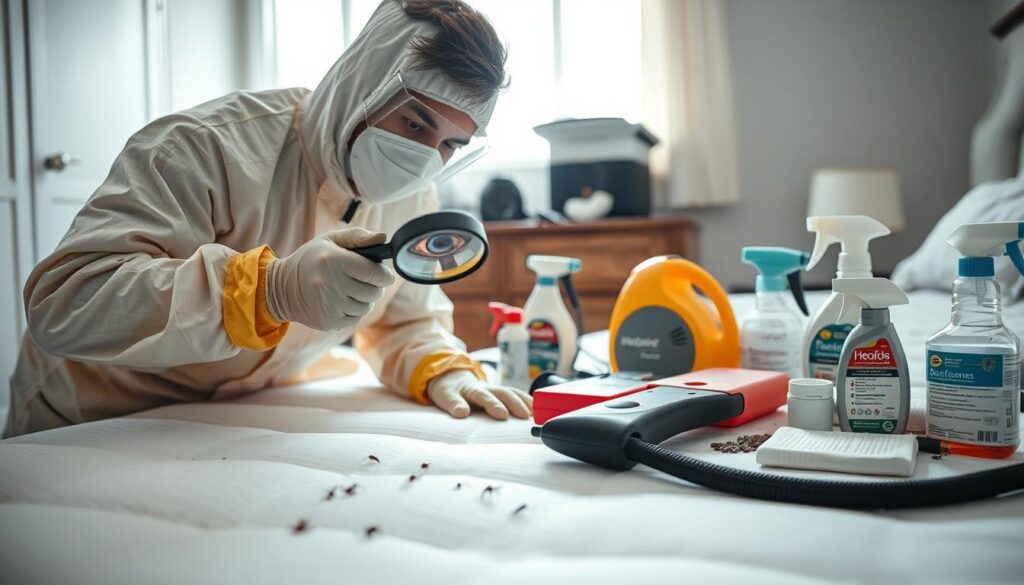 Person in protective gear inspecting mattress for bed bugs with steam cleaner and insecticides nearby