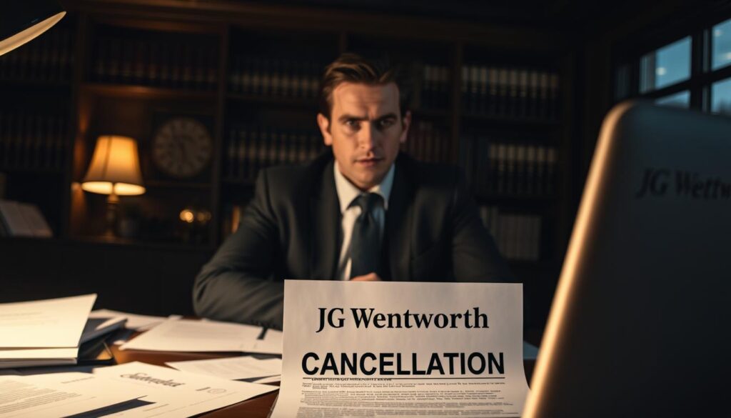 A dimly lit legal office, with a sense of tension and unease. In the foreground, a desk with scattered papers and a laptop, casting a soft glow. On the desktop, a document labeled "JG Wentworth Contract Cancellation" is prominently displayed. The middle ground features a pensive individual, their expression conveying the gravity of the situation. In the background, a bookshelf filled with law volumes and a window overlooking a cityscape, adding depth and a sense of the broader context. The lighting is warm and subdued, creating an atmosphere of contemplation and the weight of the decision at hand. A dimly lit legal office, with a sense of tension and unease. In the foreground, a desk with scattered papers and a laptop, casting a soft glow. On the desktop, a document labeled "JG Wentworth Contract Cancellation" is prominently displayed. The middle ground features a pensive individual, their expression conveying the gravity of the situation. In the background, a bookshelf filled with law volumes and a window overlooking a cityscape, adding depth and a sense of the broader context. The lighting is warm and subdued, creating an atmosphere of contemplation and the weight of the decision at hand.