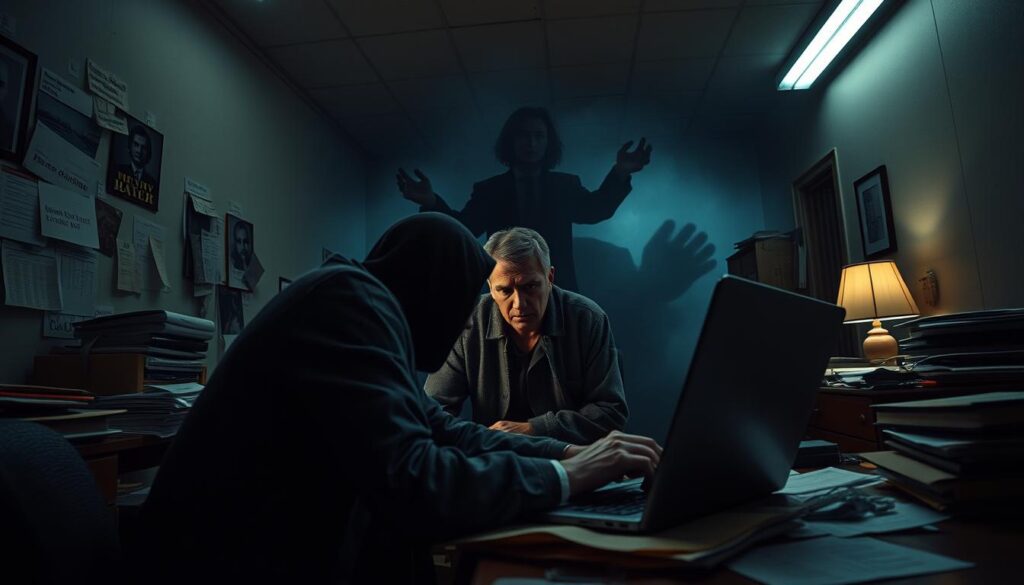 A dimly lit office, the air thick with the stench of deceit. In the foreground, a shadowy figure hunched over a cluttered desk, fingers tapping frantically on a laptop. Scattered papers and files hint at the web of lies and false promises. The middle ground reveals a victim, a weary-eyed individual trapped in the grip of a timeshare exit scam, their face etched with despair. In the background, a looming sense of unease as the ominous presence of a larger criminal enterprise casts a pall over the scene. Harsh fluorescent lighting casts harsh shadows, amplifying the sense of unease and mistrust. A wide-angle lens captures the full scope of this unsettling tableau, a cautionary tale of the dangers that lurk within the timeshare industry. A dimly lit office, the air thick with the stench of deceit. In the foreground, a shadowy figure hunched over a cluttered desk, fingers tapping frantically on a laptop. Scattered papers and files hint at the web of lies and false promises. The middle ground reveals a victim, a weary-eyed individual trapped in the grip of a timeshare exit scam, their face etched with despair. In the background, a looming sense of unease as the ominous presence of a larger criminal enterprise casts a pall over the scene. Harsh fluorescent lighting casts harsh shadows, amplifying the sense of unease and mistrust. A wide-angle lens captures the full scope of this unsettling tableau, a cautionary tale of the dangers that lurk within the timeshare industry.