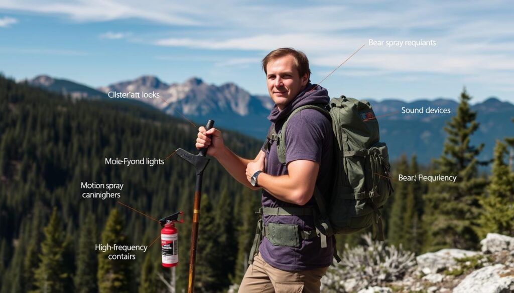 A rugged, mountainous landscape with lush evergreen forests and a clear blue sky. In the foreground, a person standing in a defensive stance, wielding a sturdy hiking stick and carrying a large backpack. They are surrounded by an array of deterrents, including motion-activated lights, bear spray canisters, and a loud, high-frequency sound device. The person's expression is focused and alert, their gaze scanning the treeline for any signs of approaching bears. The image conveys a sense of preparedness and the determination to safely coexist with the local wildlife. A rugged, mountainous landscape with lush evergreen forests and a clear blue sky. In the foreground, a person standing in a defensive stance, wielding a sturdy hiking stick and carrying a large backpack. They are surrounded by an array of deterrents, including motion-activated lights, bear spray canisters, and a loud, high-frequency sound device. The person's expression is focused and alert, their gaze scanning the treeline for any signs of approaching bears. The image conveys a sense of preparedness and the determination to safely coexist with the local wildlife.