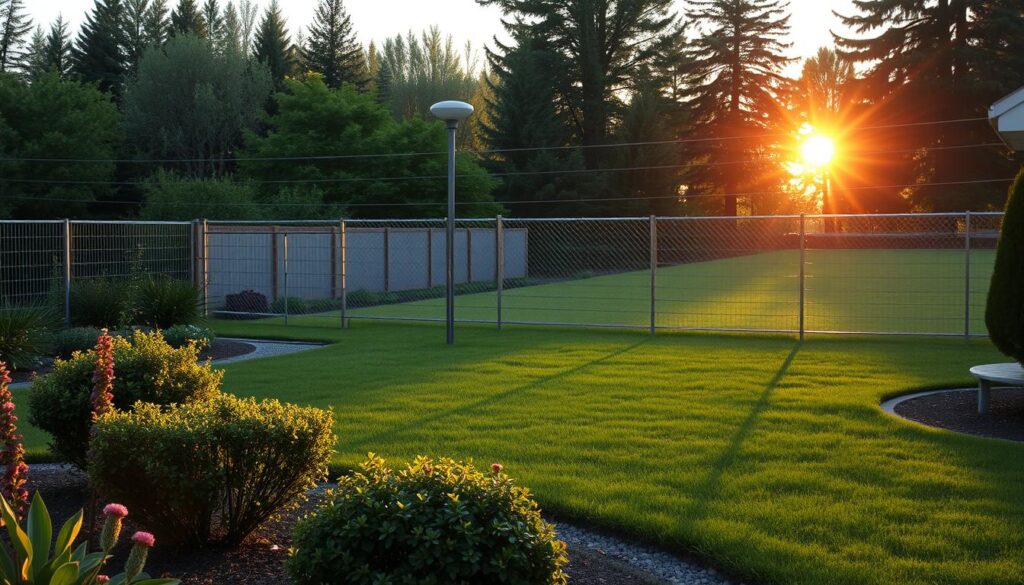 A serene bear-proof yard with reinforced fencing, motion-activated lights, and well-maintained landscaping. In the foreground, a lush garden with strategically placed shrubs and flowers that deter bear activity. In the middle ground, a sturdy perimeter fence with an electric wire running along the top, casting long shadows across the scene. In the background, a neatly trimmed lawn and towering trees, illuminated by a warm, golden sunset glow. The overall atmosphere is one of security and harmony, where nature and human habitation coexist peacefully.