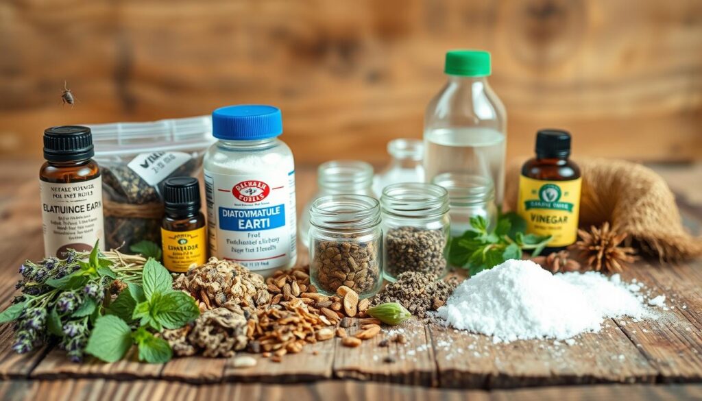 Natural bed bug remedies including dried herbs, diatomaceous earth, essential oils, vinegar and baking soda