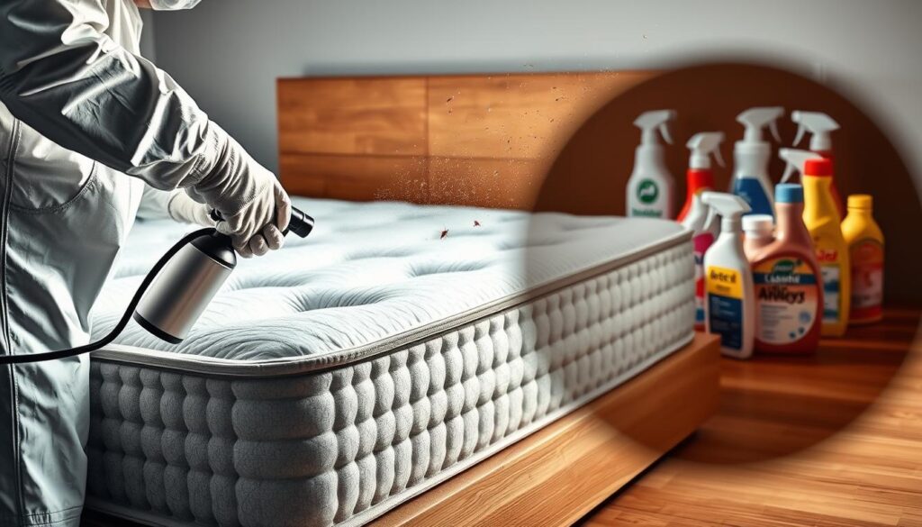 Person in protective gear spraying mattress with insecticide for bed bug removal