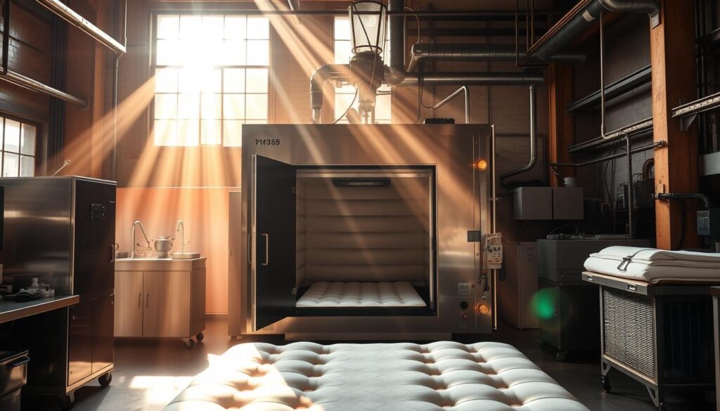 Commercial-grade steam chamber used for heat treating mattresses to eliminate bed bugs