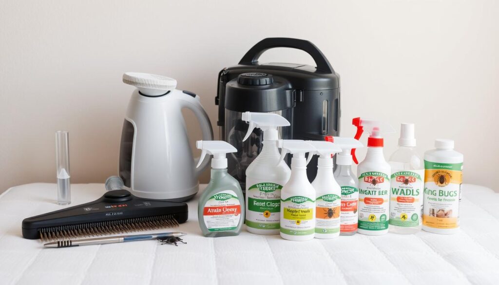 Assortment of bed bug removal supplies including steamer, vacuum cleaner, and eco-friendly insecticides