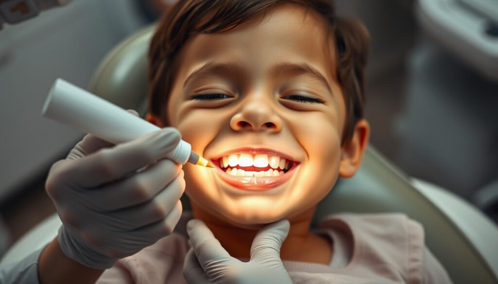 Child SDF stain removal dental treatment Young child at dental chair receiving gentle SDF stain treatment from a pediatric dentist