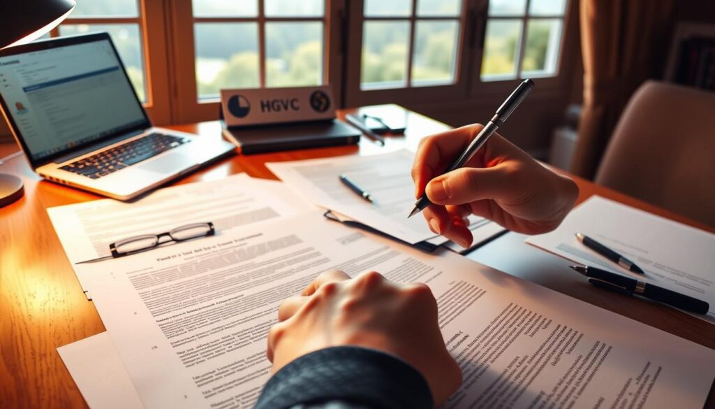 Detailed legal documents and paperwork scattered across a wooden desk, illuminated by warm, focused lighting from above. In the foreground, a person's hand holding a pen, poised to sign the necessary forms to initiate the HGVC timeshare cancellation process. The mid-ground features a laptop displaying relevant information, while the background showcases a window overlooking a serene, natural landscape, conveying a sense of tranquility and resolution amid the legal complexities. The overall atmosphere is one of diligence, professionalism, and the determination to navigate the intricate steps required to successfully cancel an HGVC timeshare. Detailed legal documents and paperwork scattered across a wooden desk, illuminated by warm, focused lighting from above. In the foreground, a person's hand holding a pen, poised to sign the necessary forms to initiate the HGVC timeshare cancellation process. The mid-ground features a laptop displaying relevant information, while the background showcases a window overlooking a serene, natural landscape, conveying a sense of tranquility and resolution amid the legal complexities. The overall atmosphere is one of diligence, professionalism, and the determination to navigate the intricate steps required to successfully cancel an HGVC timeshare.