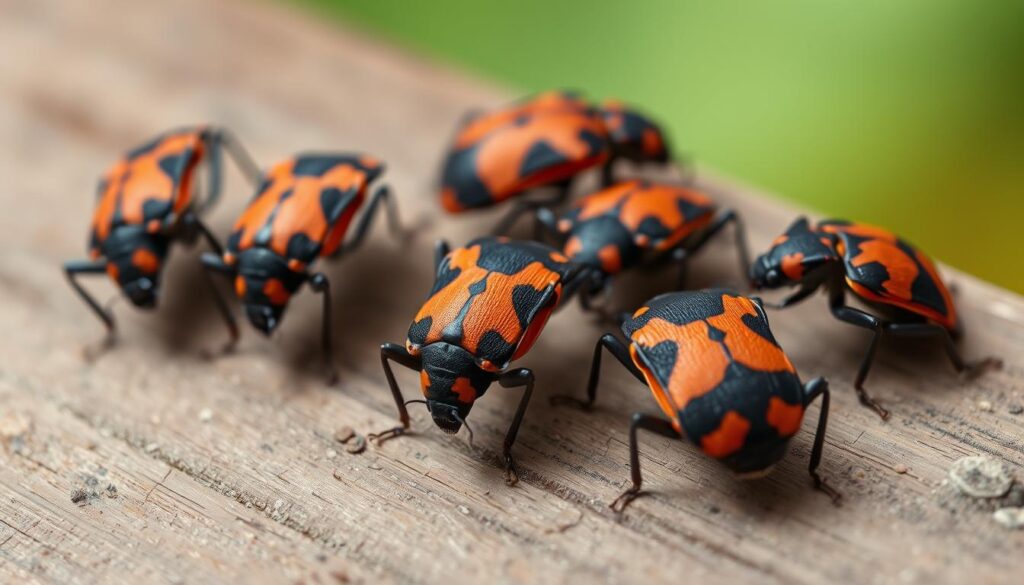A close-up view of several boxelder bugs crawling on a wooden surface.