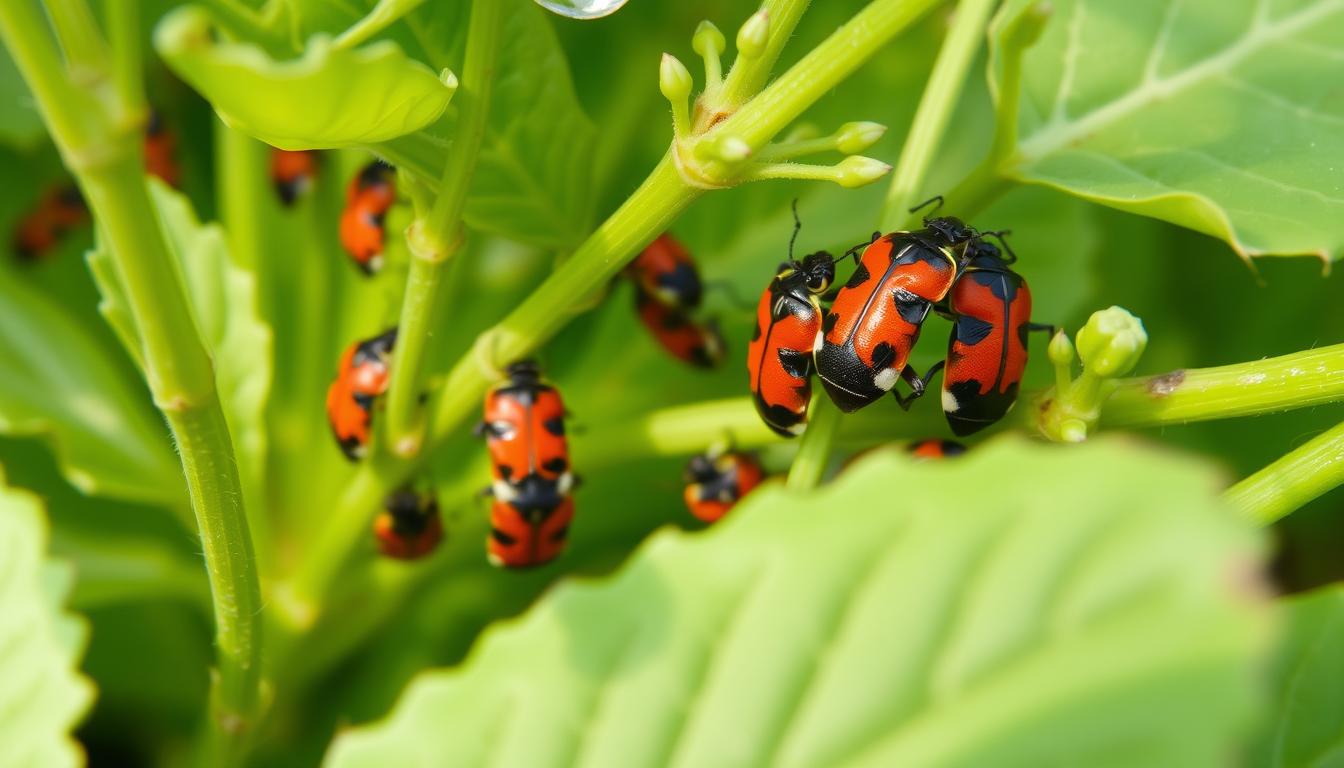 A close-up view of boxelder bugs crawling on the leaves and stems of lush green plants.