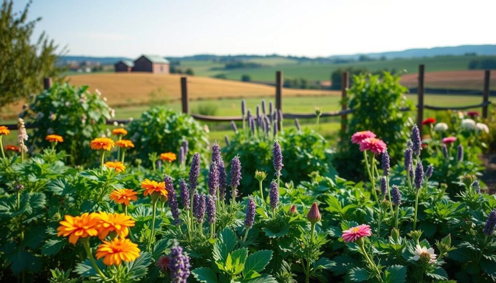 A neatly organized vegetable garden on a sunny afternoon, featuring bug-deterring plants like marigolds, lavender, and chrysanthemums.