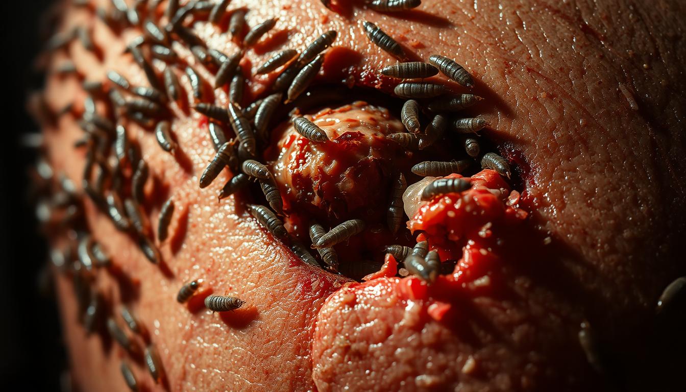 A closeup view of a human skin surface, ravaged by a severe maggot infestation.