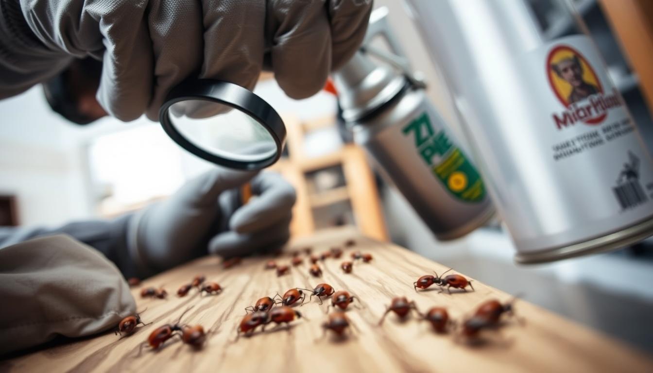 A professional exterminator inspecting a boxelder bug infestation.