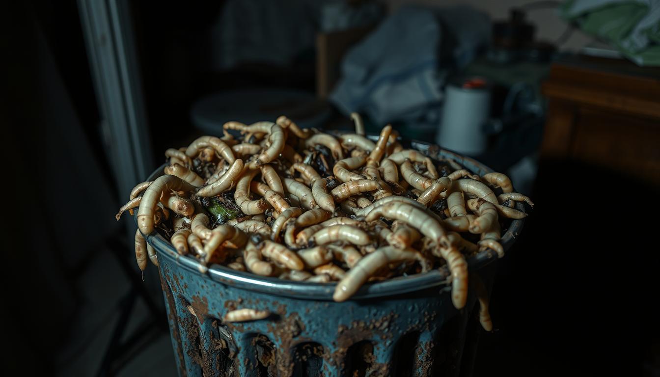 A trash can filled to the brim with rotting refuse, crawling with writhing maggots.