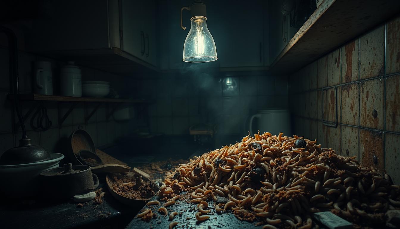 A dimly lit kitchen counter, overflowing with rotting food scraps and a festering pile of garbage.