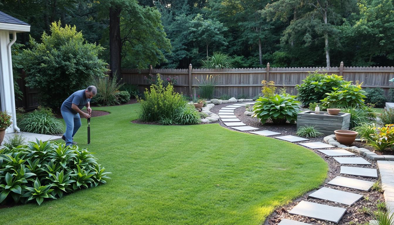 Well-maintained backyard garden with trimmed vegetation and clean landscape to deter snakes from entering