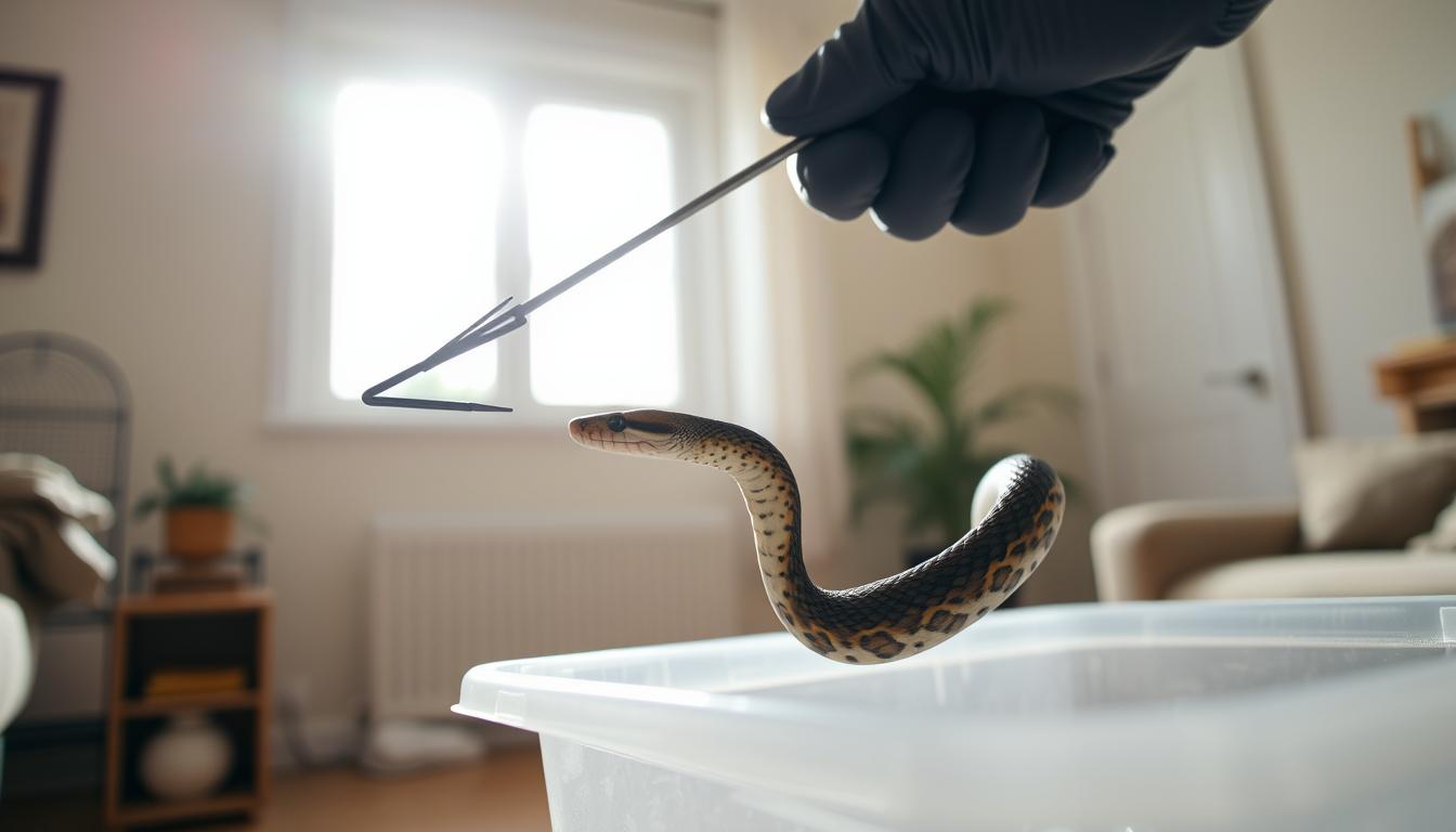 Person calmly and carefully removing a snake from a residential home using protective gloves and a snake hook
