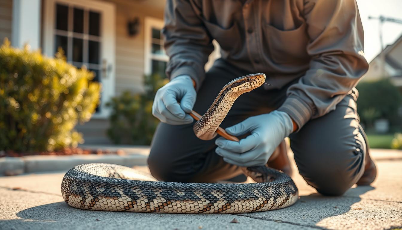 Professional snake removal technician handling a large non-venomous snake with a snake hook at a residential home