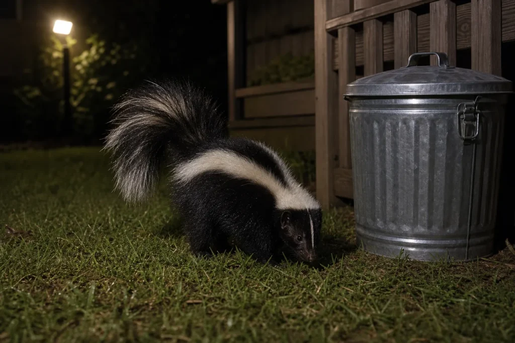 Striped skunk near a closed metal trash can under deck lighting at night