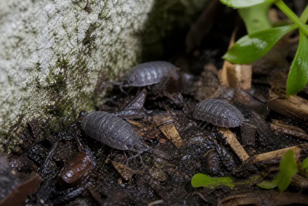Woodlice (pill bugs) on damp soil and leaf litter beside a house foundation with wet mulch