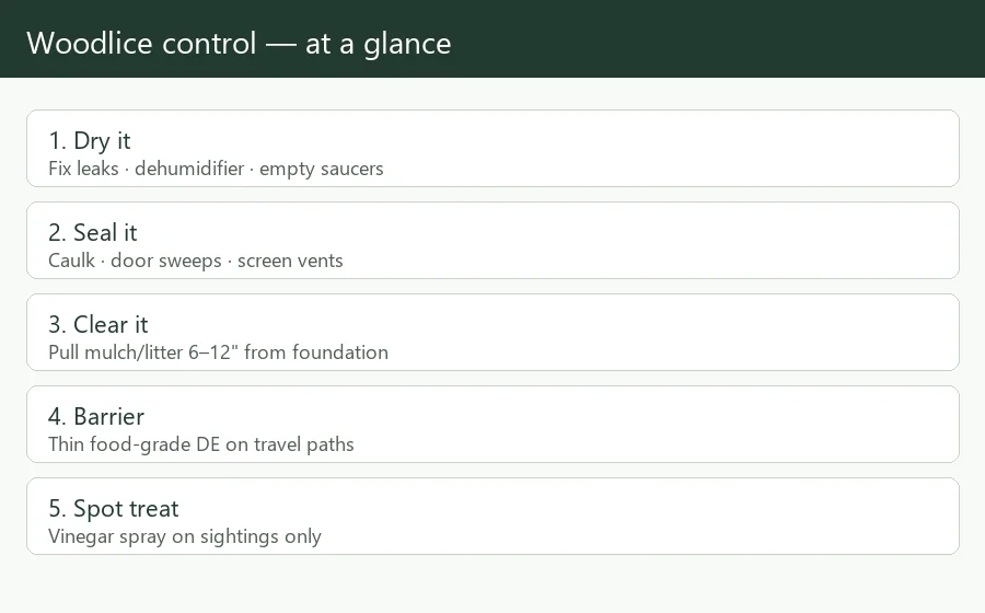 Five-step woodlice control: dry, seal, clear habitat, DE barrier, vinegar spot treat