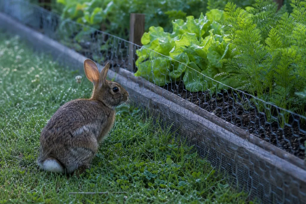 Eastern cottontail rabbit outside a wire-fenced raised vegetable bed with lettuce and carrot tops