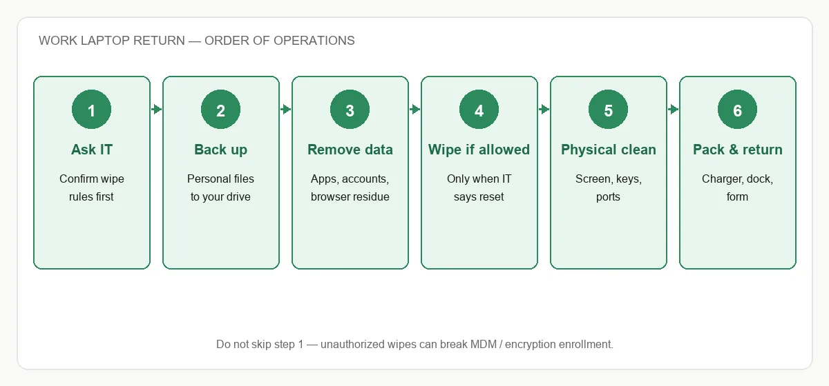 Six-step process diagram for returning a work laptop: ask IT, back up, remove data, wipe if allowed, physical clean, pack and return