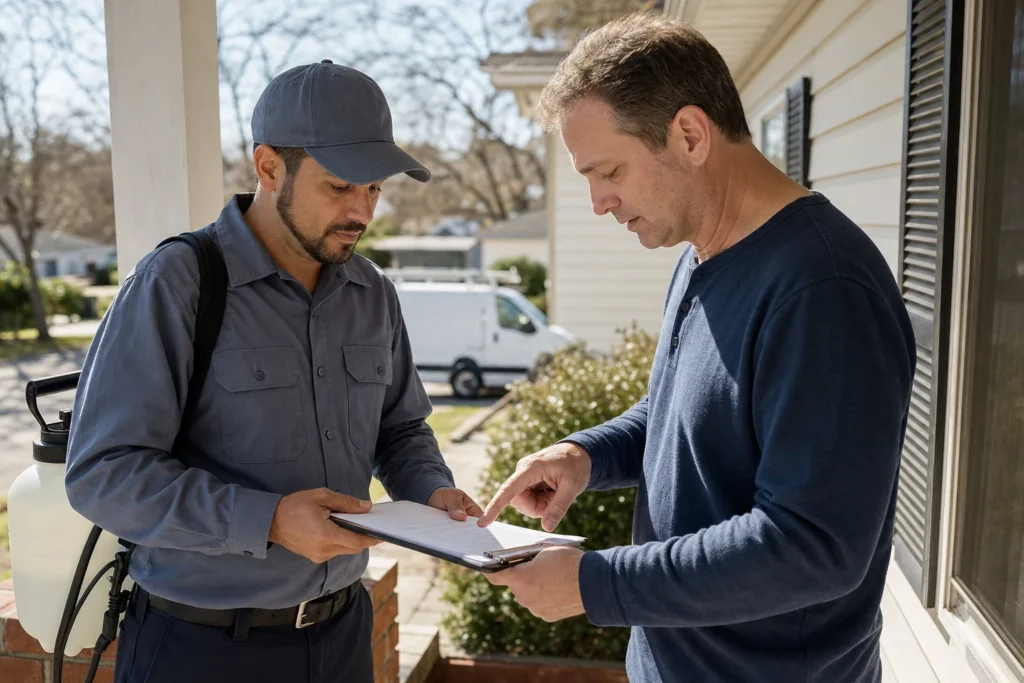 Pest control technician handing a written cost estimate on a clipboard to a homeowner on the front porch of a suburban house