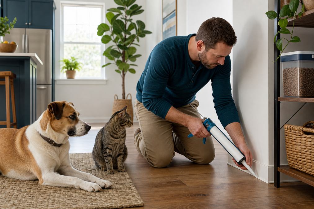 Homeowner sealing a baseboard gap with a dog and cat nearby for pet-safe pest control