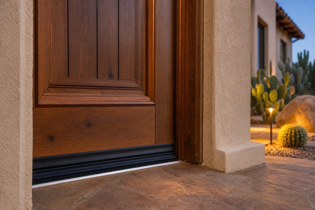 Southwest home exterior with door sweep installed to keep scorpions out
