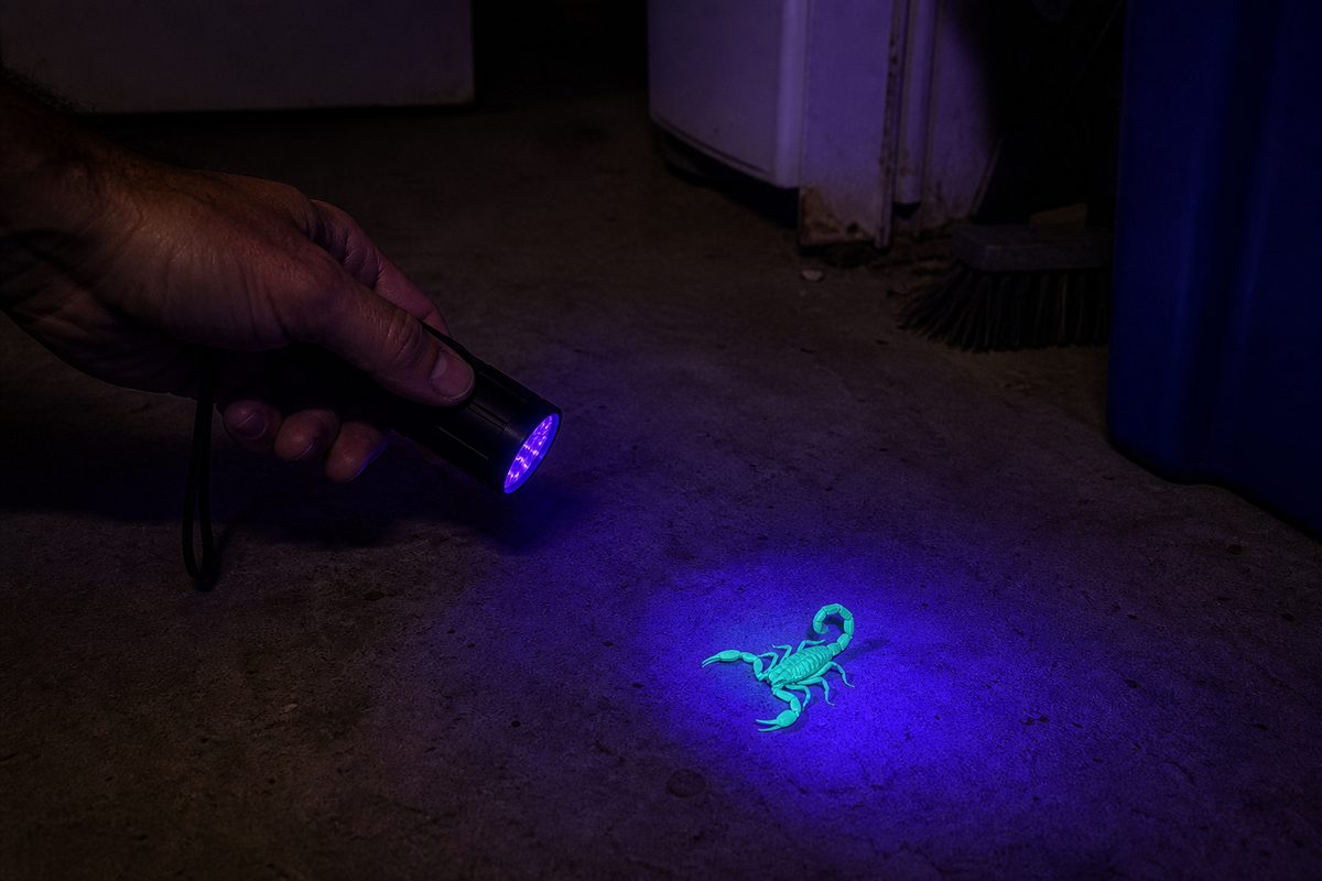 Scorpion glowing blue-green under UV blacklight on a garage floor