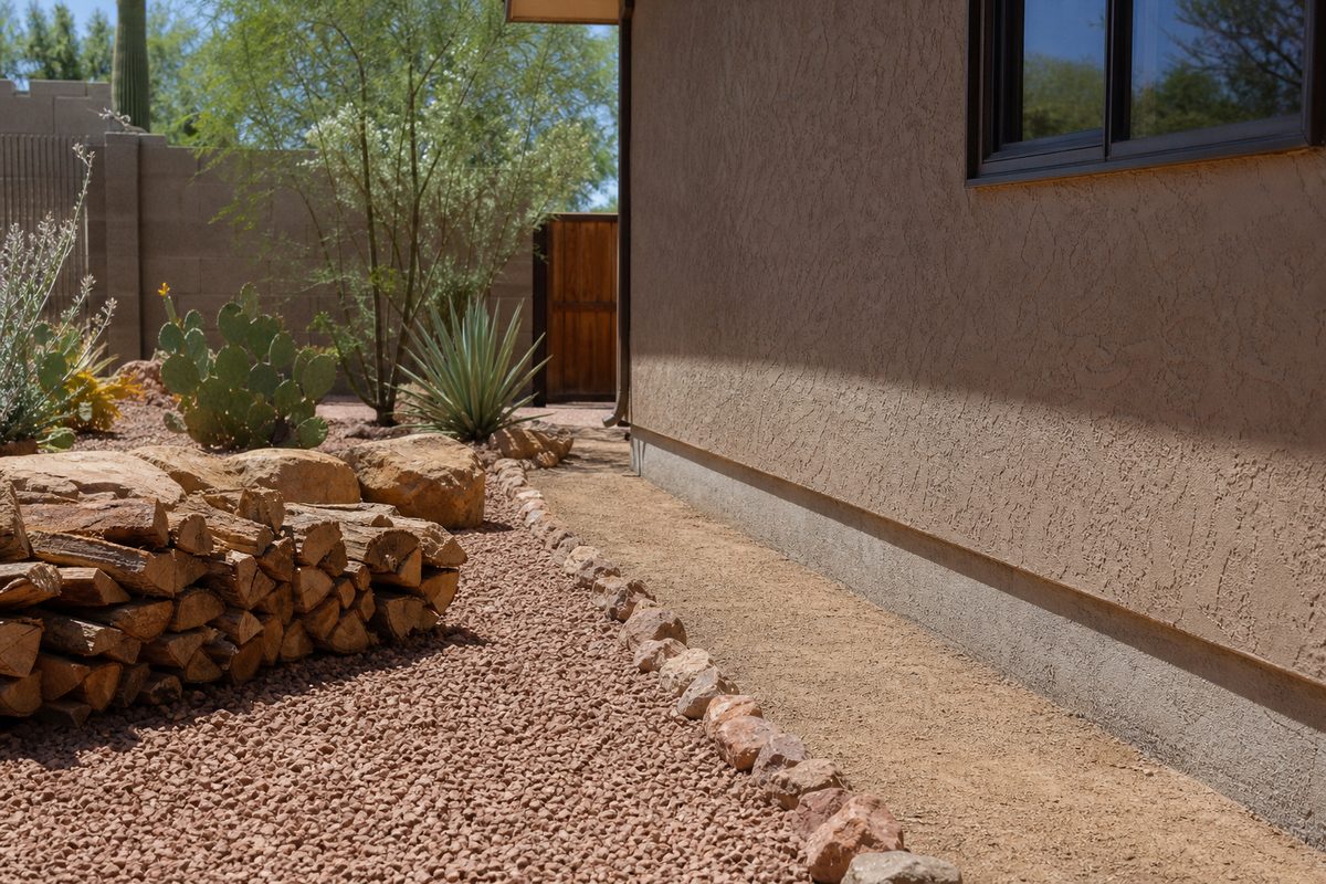 Wood pile and rocks cleared away from a home foundation to deter scorpions