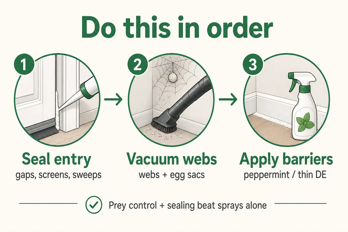 Three-step spider control order: seal entry points, vacuum webs and egg sacs, then apply peppermint or thin DE barriers