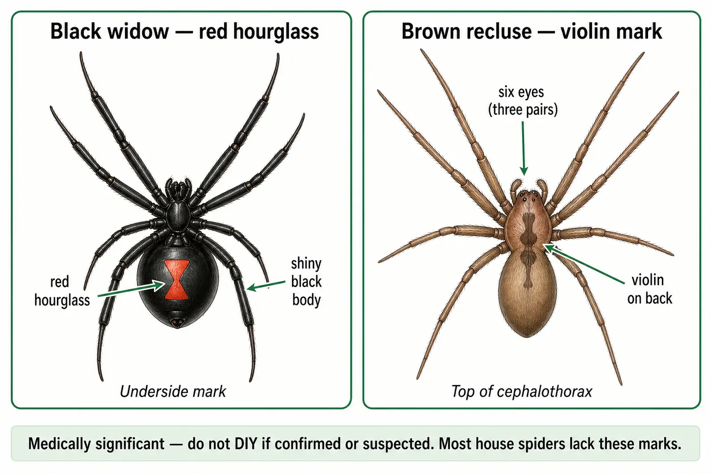 Diagram comparing black widow red hourglass underside mark and brown recluse violin mark on cephalothorax