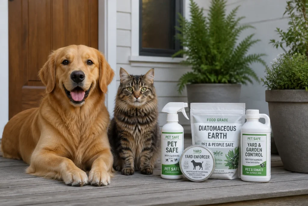 Dog and cat on porch with pet-safe pest prevention supplies