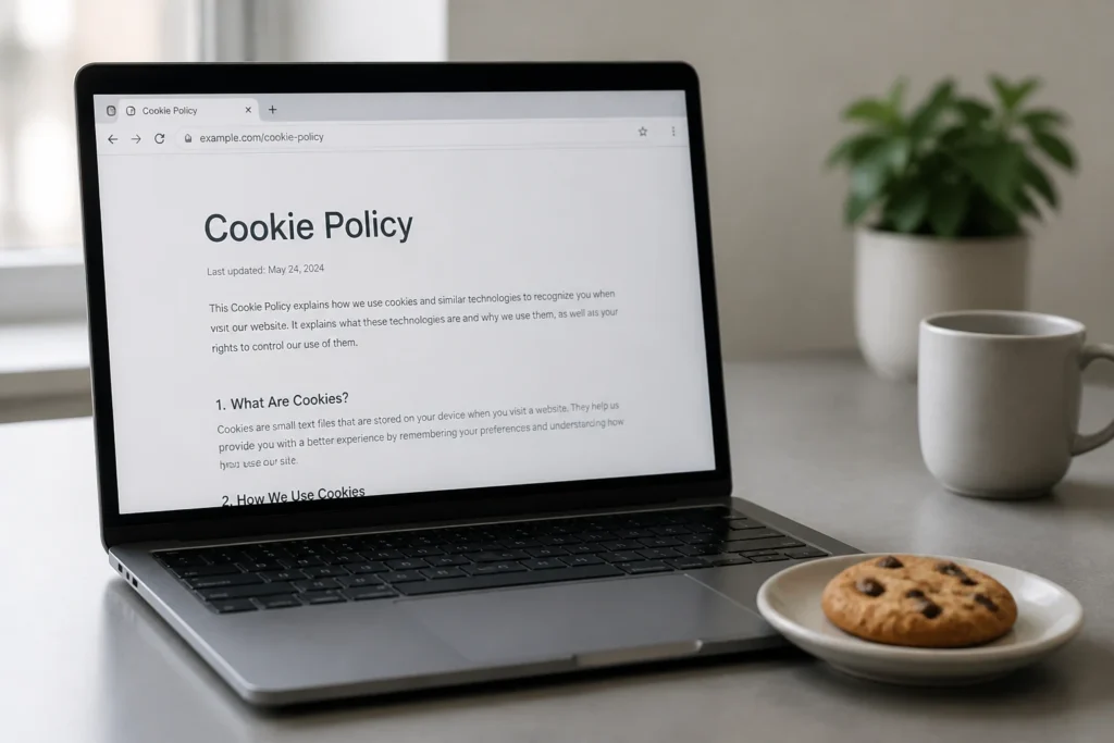 Cookie policy document concept with browser on desk