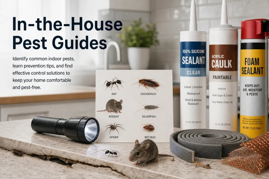 Indoor pest prevention supplies and sealing materials on a kitchen counter