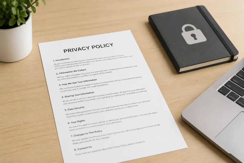 Privacy policy document on desk with laptop in neutral office setting