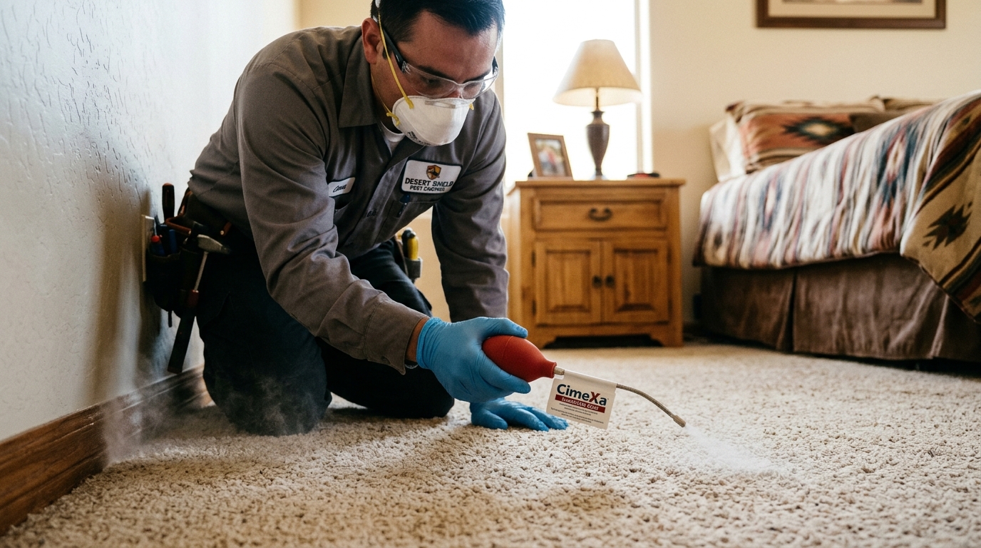 Pest control professional using bulb duster to apply CimeXa silica dust along baseboard for scorpion control