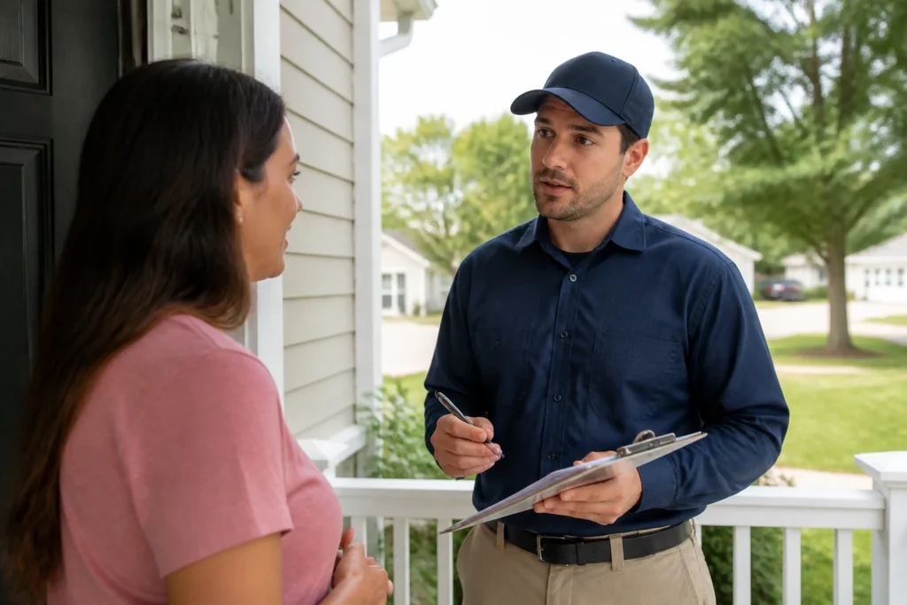 Pest control technician with clipboard discussing scorpion treatment cost with homeowner on porch