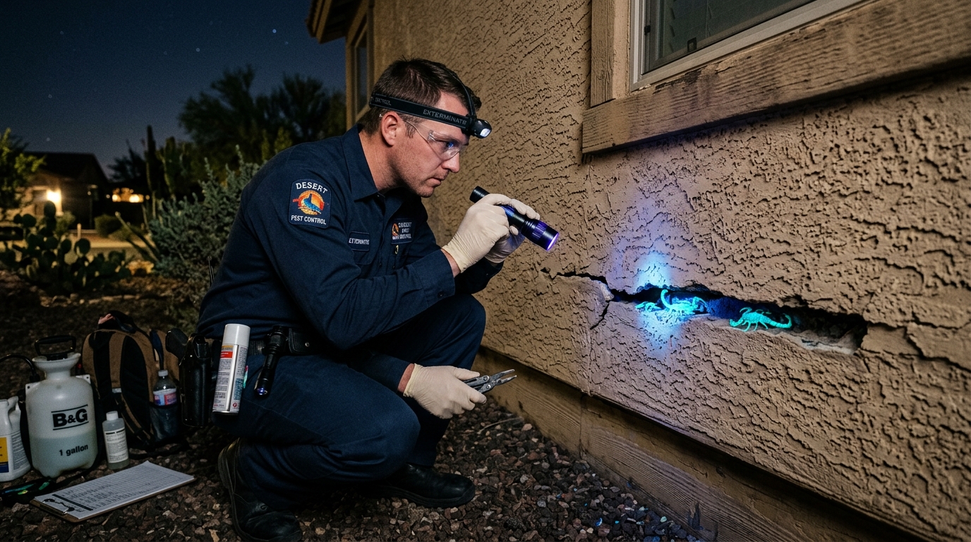 Pest control exterminator using UV blacklight to inspect stucco wall cracks for scorpions at night