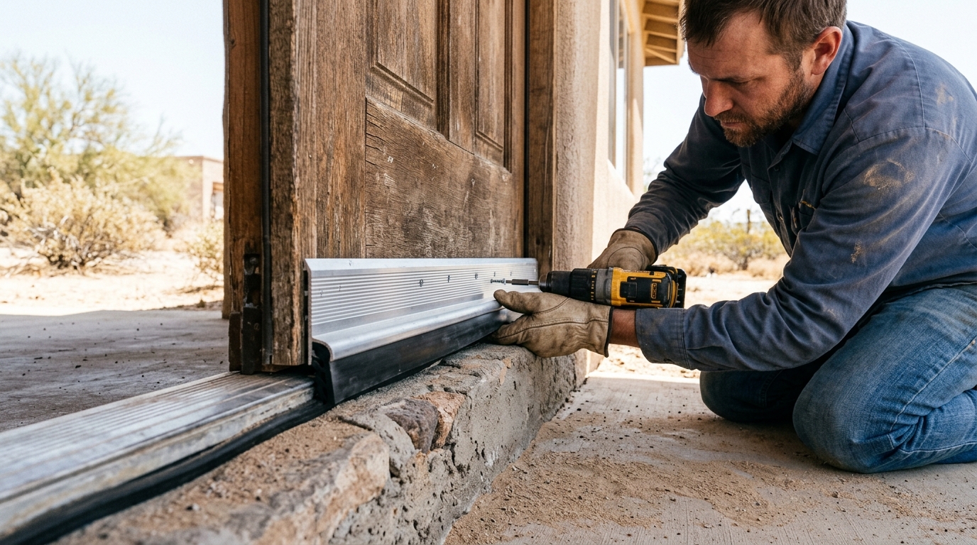 Homeowner installing aluminum door sweep to seal bottom gap and exclude scorpions from desert home