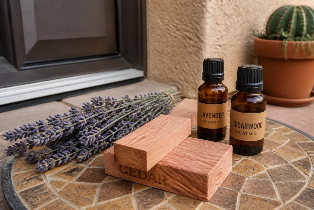 Natural scorpion repellent ingredients lavender and cedar beside sealed entry point