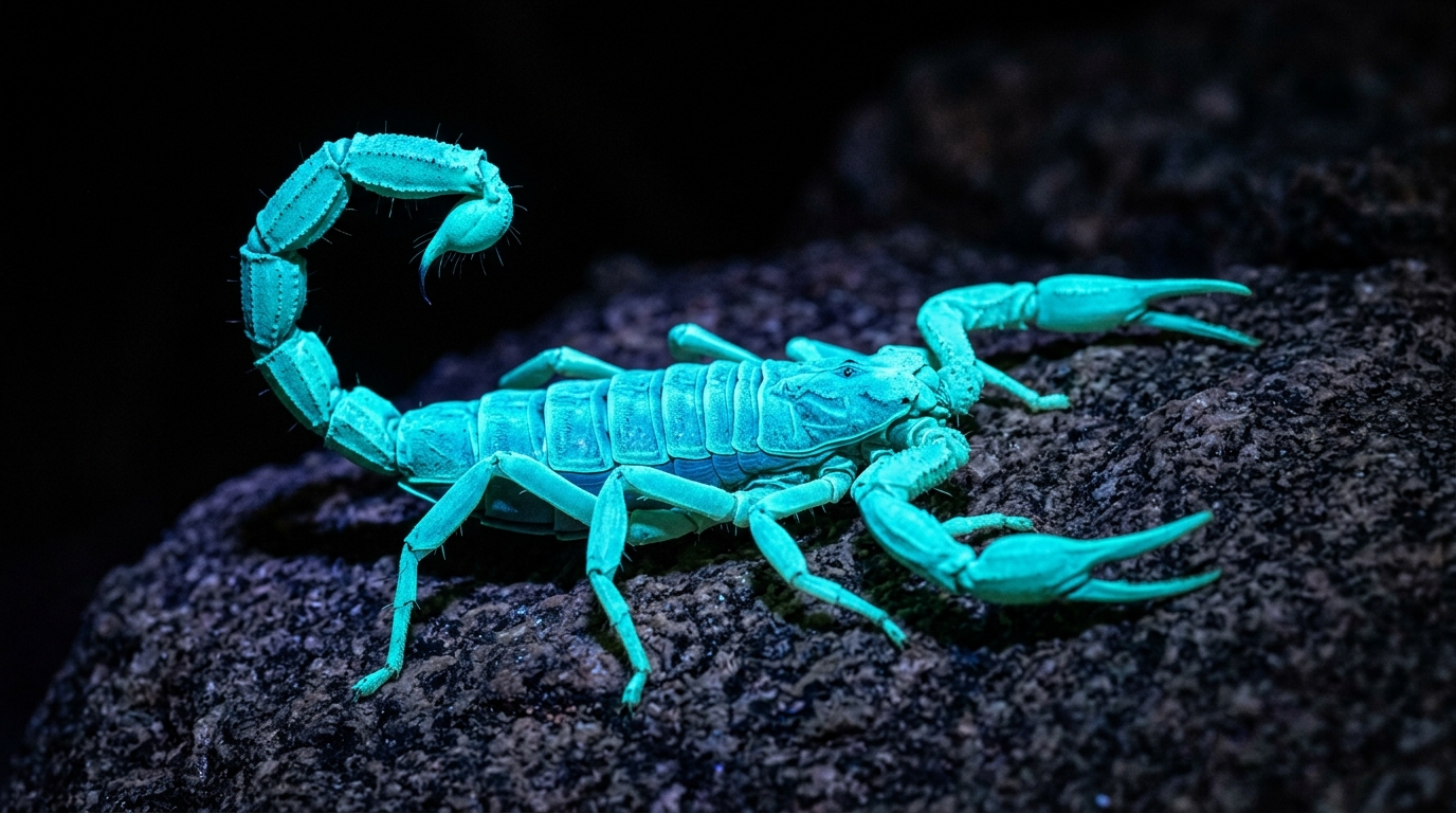 Arizona bark scorpion glowing blue-green fluorescent under UV ultraviolet blacklight on desert rock