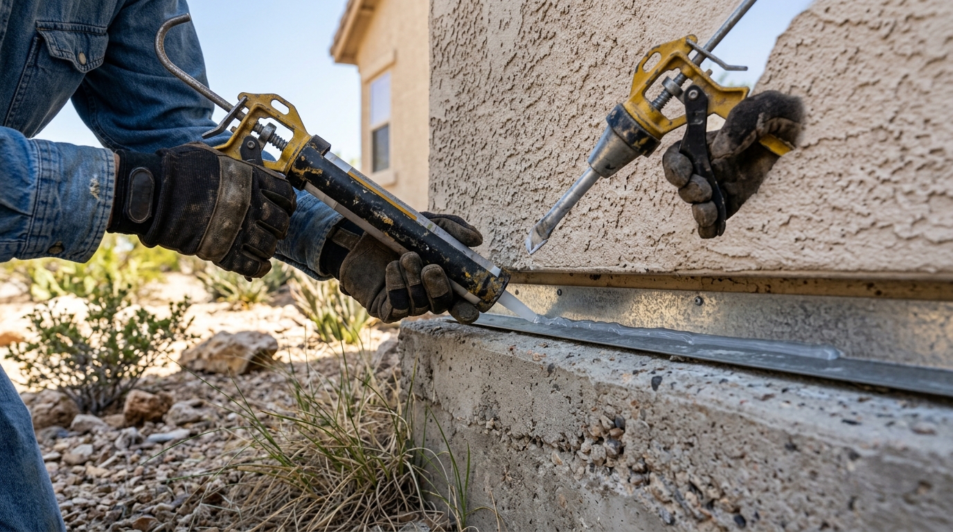 Homeowner applying silicone caulk to seal weep screeds at base of stucco exterior wall against scorpions