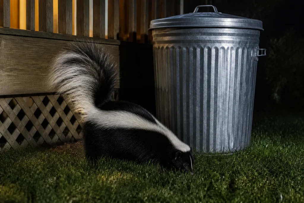 Striped skunk near a closed metal trash can under deck lighting at night