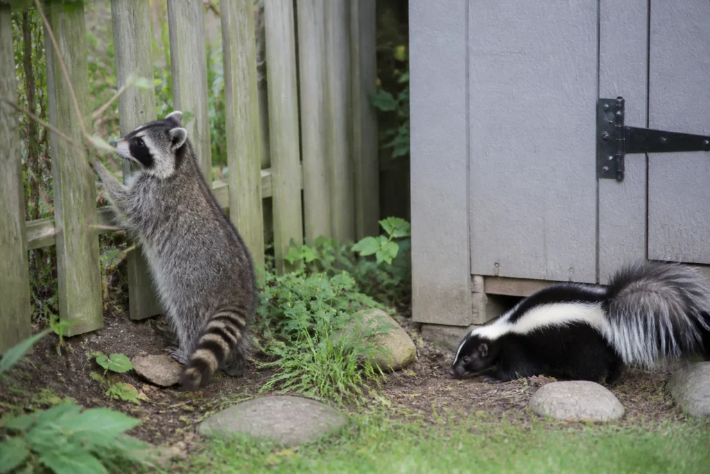 Wildlife and mammals in suburban yard with humane exclusion fence context
