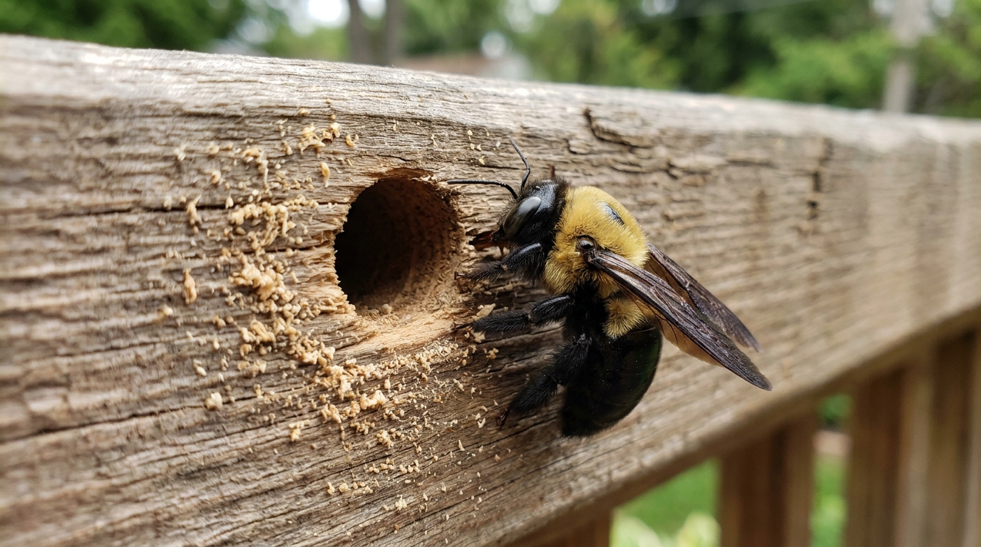 Carpenter bee beside a gallery entrance in exterior wood
